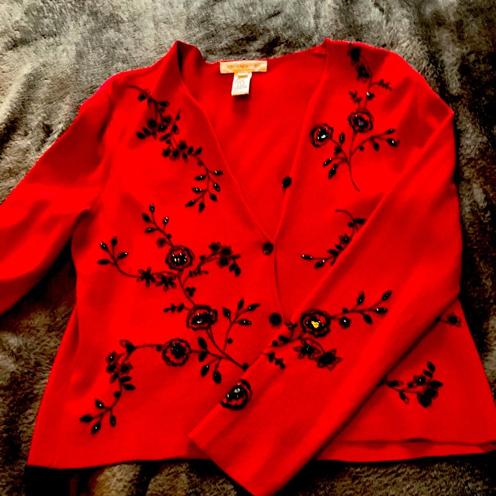 Red cardigan